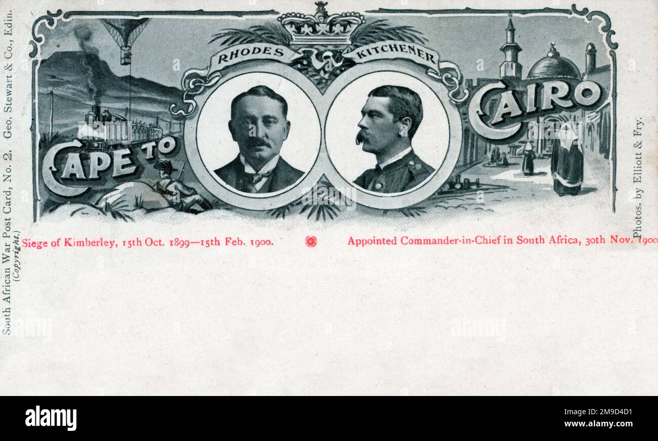 La carte reconnaît le siège de Kimberley le 15 octobre 1899-15 septembre 1900. Derrière les portraits se trouvent l'image d'un train, d'un ballon et d'une scène arabe, tous couverts par les mots 'Cap au Caire'. La carte a été envoyée de Londres à la Comtesse de Cepoy en France. Guerre des Boers. Banque D'Images