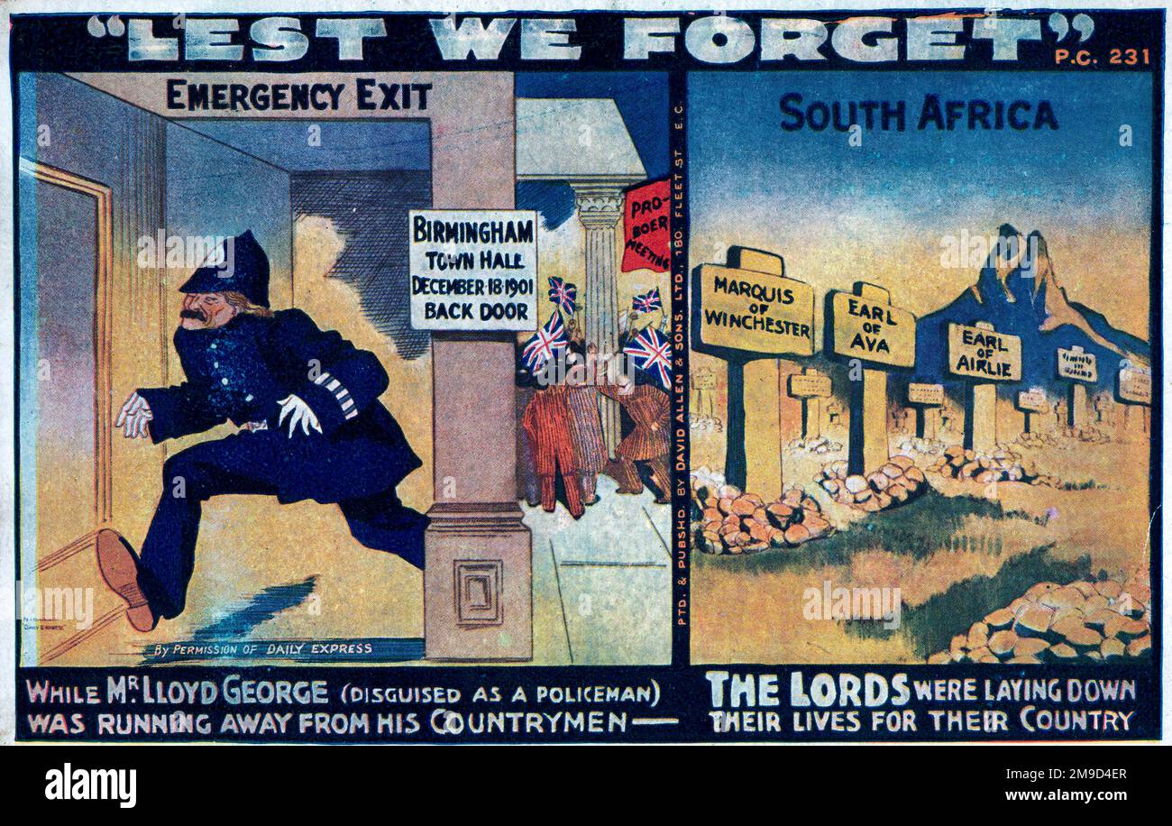 La caricature intitulée « Lest We Forget » montre Lloyd George déguisé en policier s'éloignant d'une réunion à Birmingham et à côté de cette image sont les pierres angulaires des membres de l'aristocratie tués dans la guerre - par exemple Marquis de Winchester, comte d'Ava et comte d'Airlie. Le comte d'Ava a été tué pendant le siège de Ladysmith. Guerre des Boers. Banque D'Images