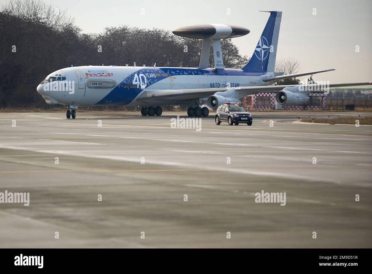 Otopeni, Roumanie - 17 janvier 2023 : systèmes d'alerte et de contrôle aéroportés AWACS arrivées d'avions de la Force aérienne d'alerte et de contrôle de l'OTAN – NA Banque D'Images