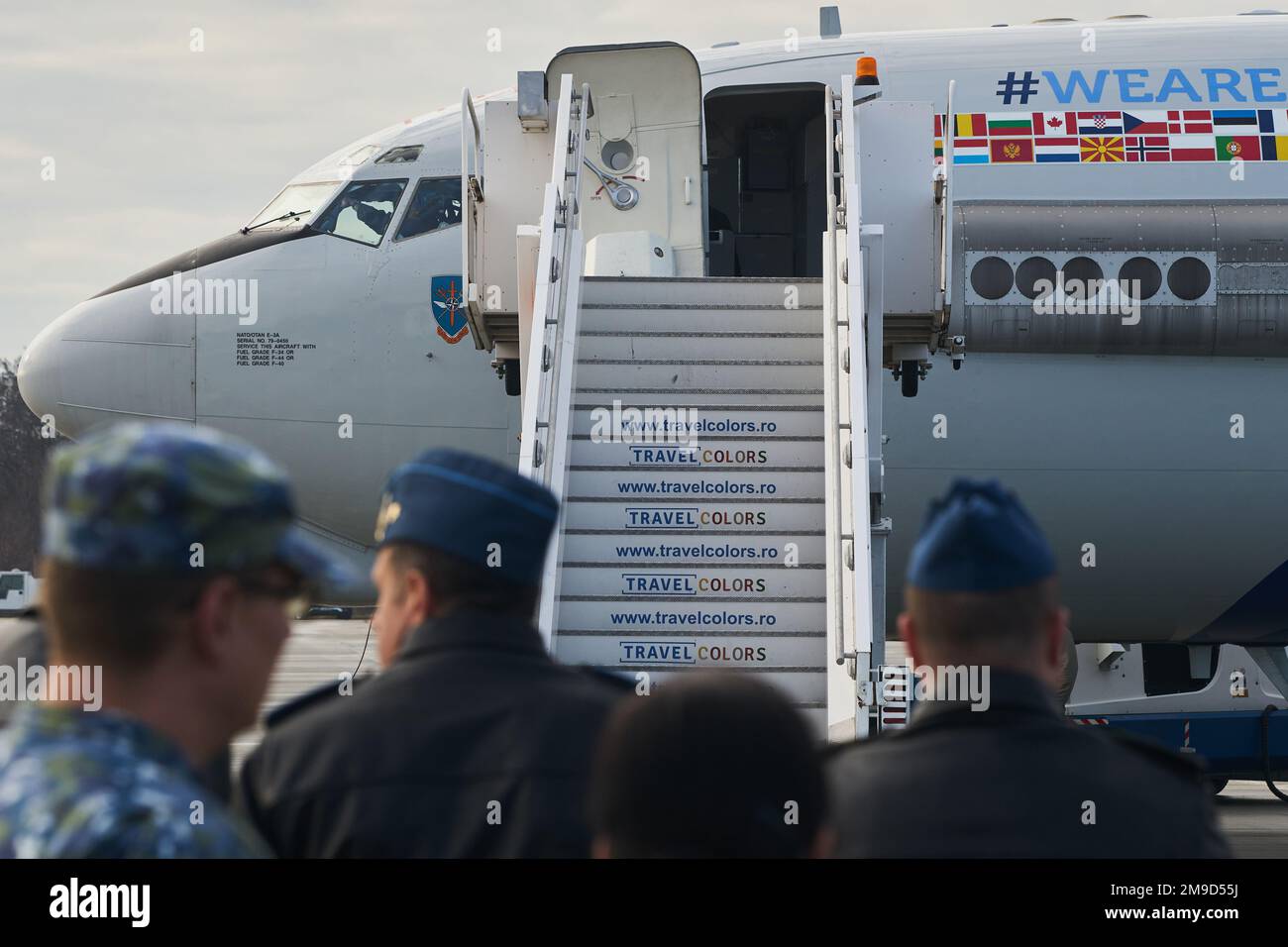 Otopeni, Roumanie - 17 janvier 2023 : systèmes d'alerte et de contrôle aéroportés AWACS arrivées d'avions de la Force aérienne d'alerte et de contrôle de l'OTAN – NA Banque D'Images