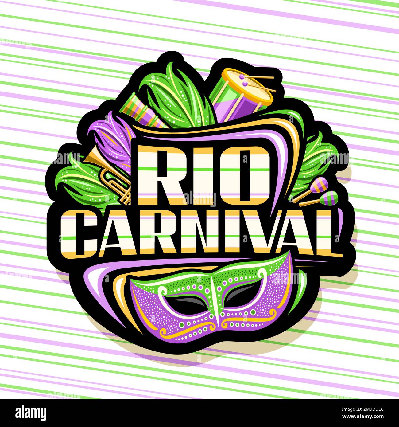 Logo Vector pour Rio Carnival, badge décoratif foncé avec illustration du masque de venise violet, instruments de musique, plumes de carnaval vert, le coloré Illustration de Vecteur