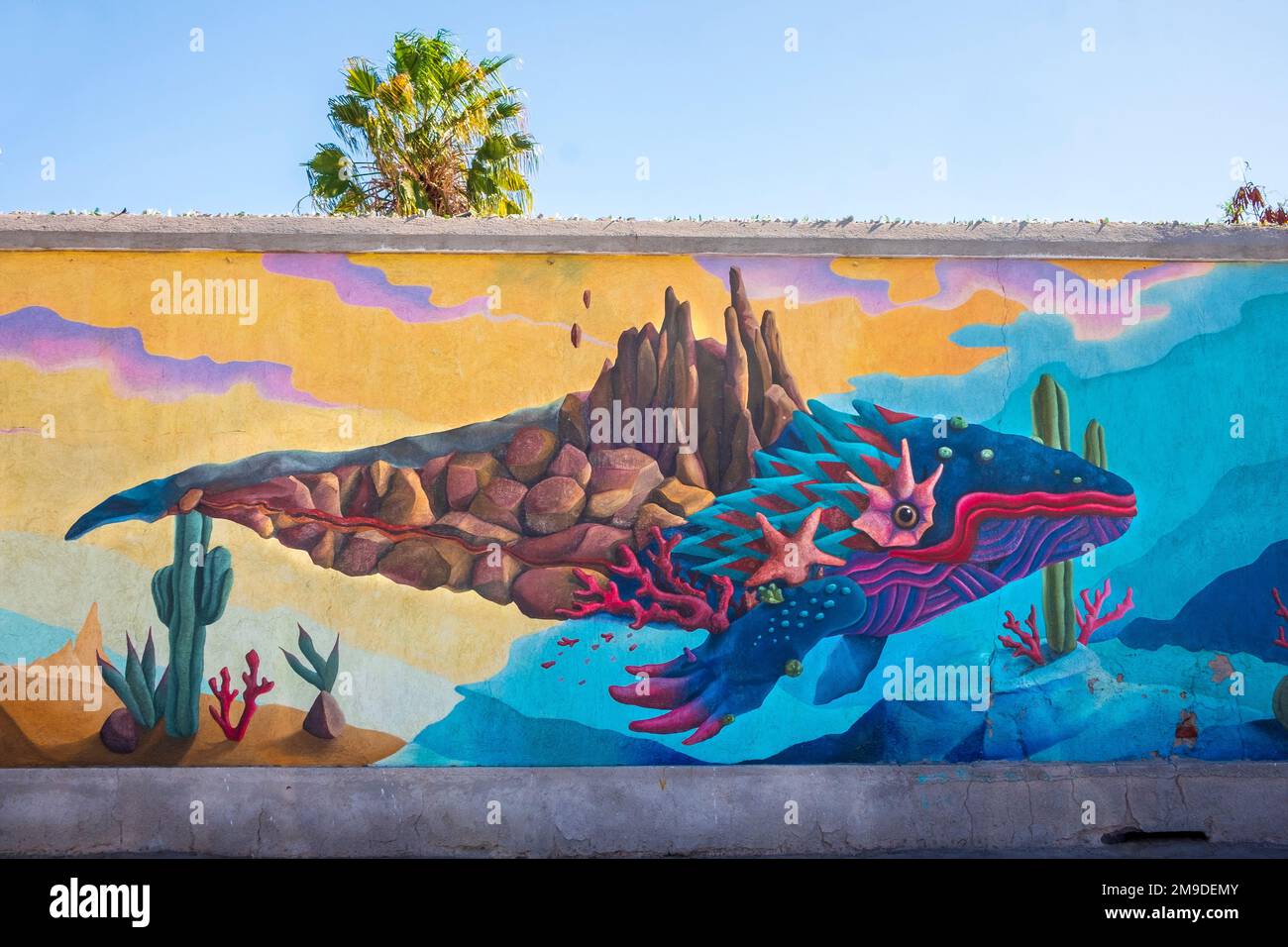 La Paz, Basse-Californie, Mexique - fresque colorée d'une baleine et de cactus, plantes désertiques, désert rencontre l'océan Banque D'Images