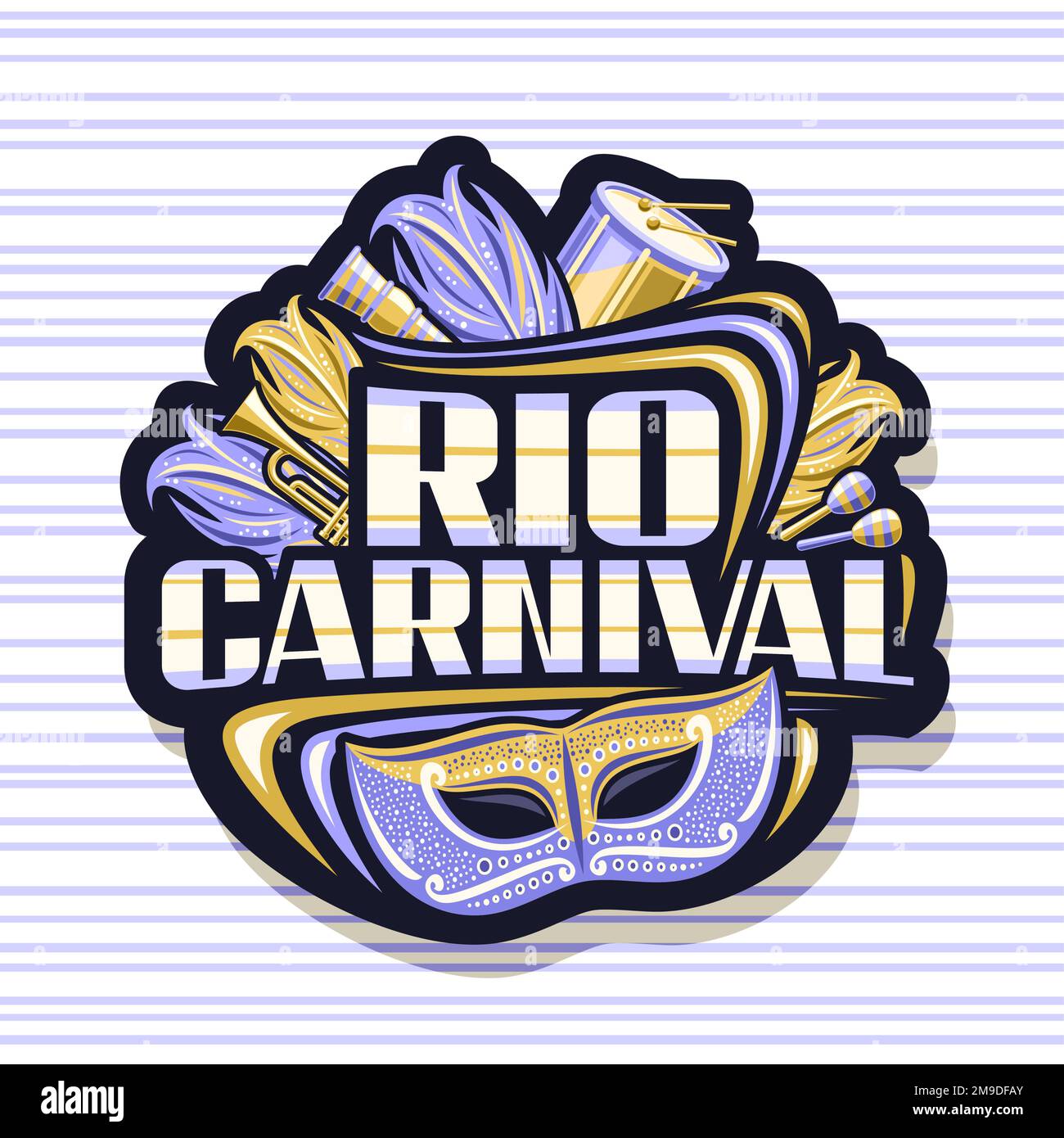 Logo Vector pour Rio Carnival, étiquette décorative foncée avec illustration du masque de venise violet, instruments de musique, plumes de carnaval jaune, lette unique Illustration de Vecteur