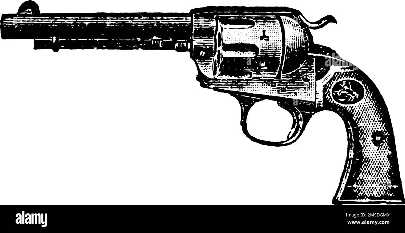 38-Caliber Single action Colt Bisley Model Revolver, Vintage Engraving. Ancienne illustration gravée d'un modèle Revolver Colt Bisley isolé sur un blanc Illustration de Vecteur