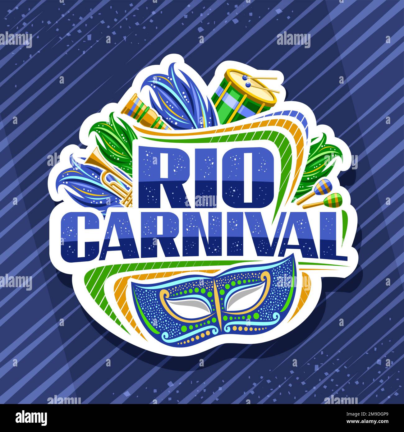 Logo Vector pour Rio Carnival, panneau décoratif blanc avec illustration du masque de venise, des instruments de musique, des plumes de carnaval vert, des confetti et des landes à carabes Illustration de Vecteur