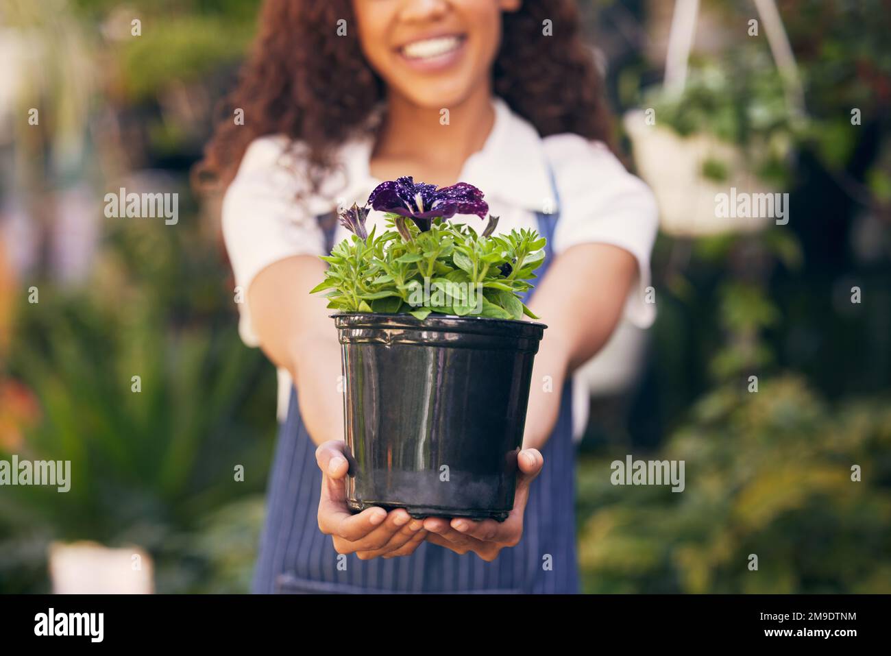 Une journée passée dans les mauvaises herbes en vaut la peine. une fleuriste femelle tenant une de ses belles fleurs en pot. Banque D'Images