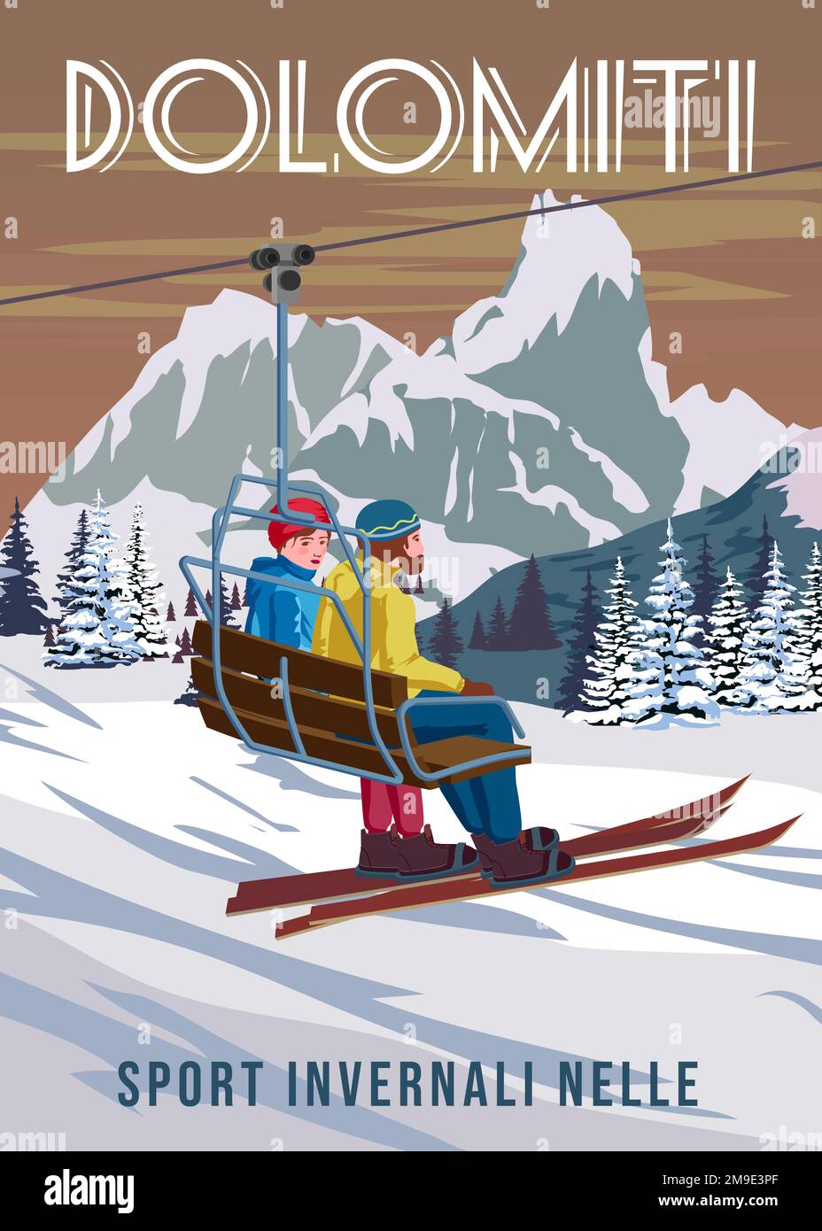 Affiche de voyage vintage Station de ski Val Gardena. Carte de voyage paysage d'hiver en Italie Illustration de Vecteur