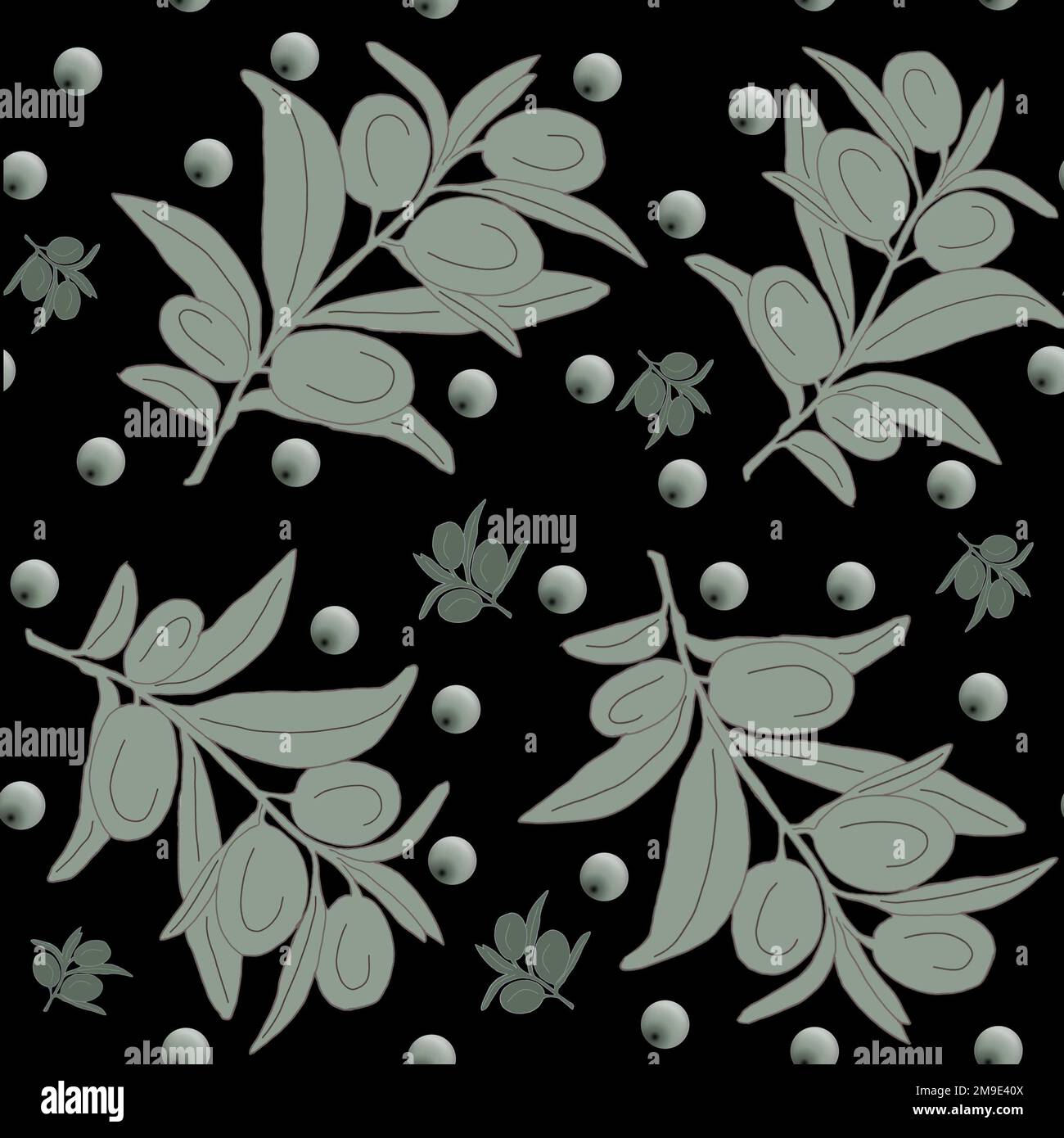 Motif monochrome sans couture avec olives sur branche sur fond noir. Banque D'Images