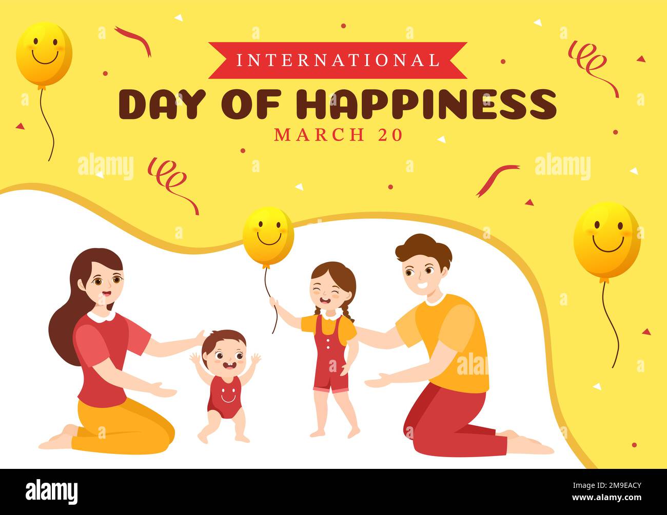 Célébration de la Journée mondiale du bonheur Illustration avec expression de visage souriant jaune pour bannière Web ou page de renvoi en dessin animé à la main Illustration de Vecteur