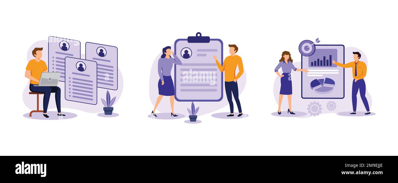 Service RH et chasseur de têtes. Ressources humaines, candidats, gestion du rendement, trouver un employé, candidat à l'emploi. définir l'illustration moderne à vecteur plat Illustration de Vecteur