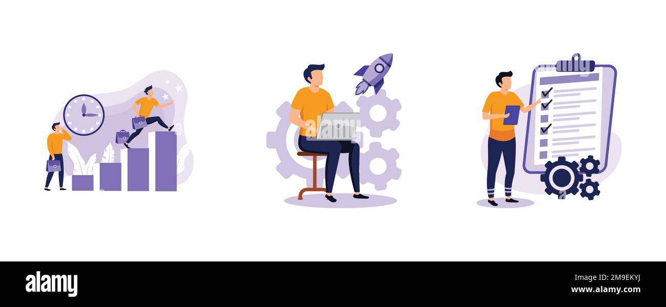 Performances des employés et auto-organisation. Gestion du temps et de l'autonomie, productivité, logiciel de motivation, planification efficace de l'emploi. définir le mode vectoriel plat Illustration de Vecteur