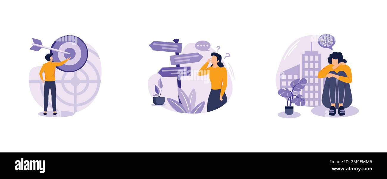 État mental. Se concentrer sur le succès, la confusion, la dissonance cognitive, l'objectif d'affaires, l'inconfort mental, il manque, la prise de décision. définir le mode vectoriel plat Illustration de Vecteur