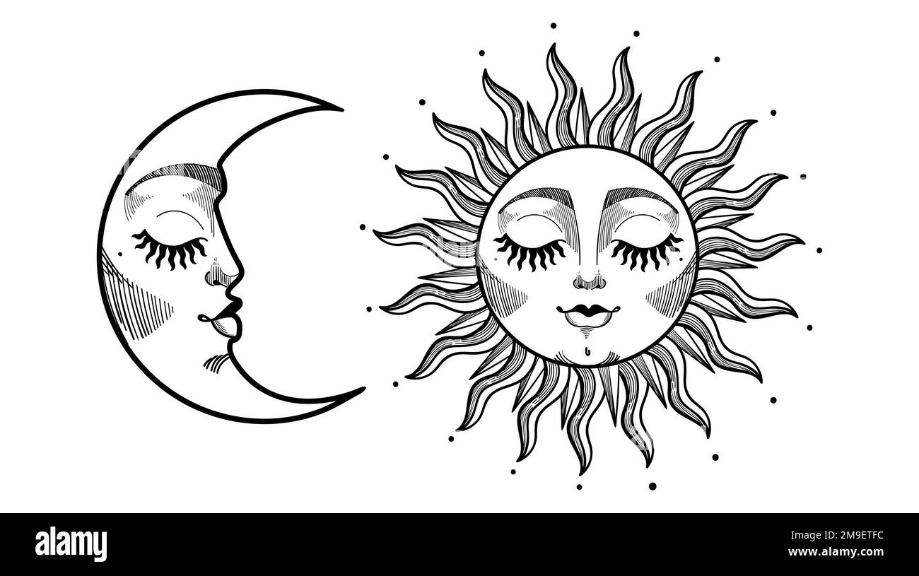 Beau soleil et croissant de lune avec visage, tatouage boho vintage, symboles mystiques de l'astrologie, zodiaque, ésotéricisme. Illustration de dessin vectoriel isola Illustration de Vecteur