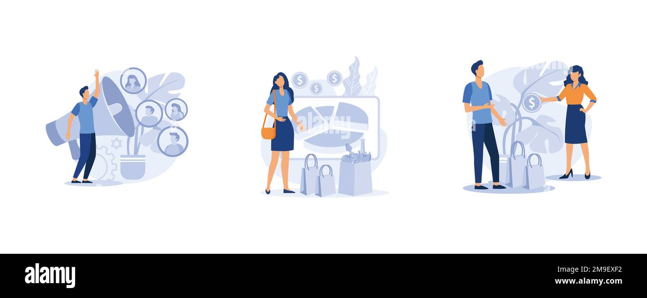 Acheter et vendre le produit. Marketing de la diversité, dépenses de consommation, vente en face à face, engagement des consommateurs. définir l'illustration moderne à vecteur plat Illustration de Vecteur