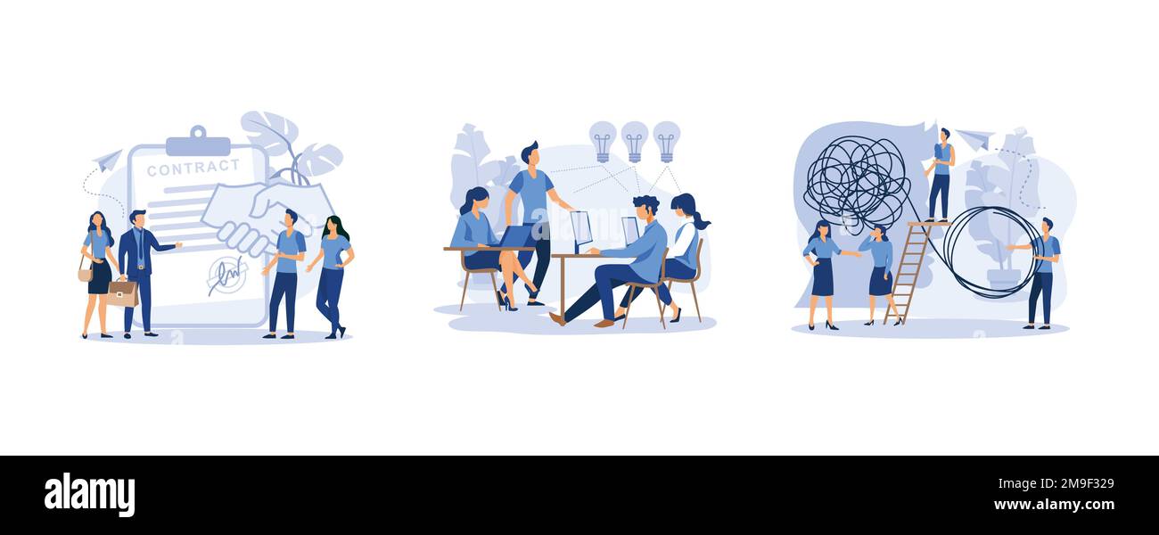 conclusion d'un contrat, réunion d'affaires et remue-méninges, concept de résolution de problèmes d'affaires, définir un vecteur plat illustration moderne Illustration de Vecteur