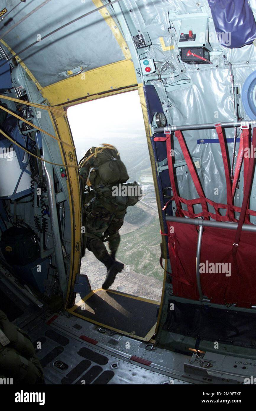 Droit sur la vue arrière, tir moyen en tant que parachutiste de l'armée américaine du 1st de l'équipe de combat du bataillon aéroporté d'infanterie 508th (ABCT), 173rd Brigade aéroportée, de Vicenza, Italie, saut d'un C-130 Hercules de l'armée de l'air américaine du 37th Escadron de transport aérien, base aérienne de Ramstein, Allemagne, Comme ils tombent dans la zone de bunker Drop à Grafenwohr, Allemagne pour Lion Drop 12 le 09 août 2000. Sujet opération/série : LION DROP 12 pays : Allemagne / Allemagne (DEU) Banque D'Images