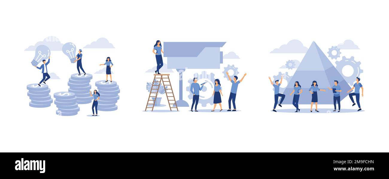 concept créatif idée de la clé du succès, caméra de sécurité, les gens relient les éléments de la pyramide, définir un vecteur plat illustration moderne Illustration de Vecteur
