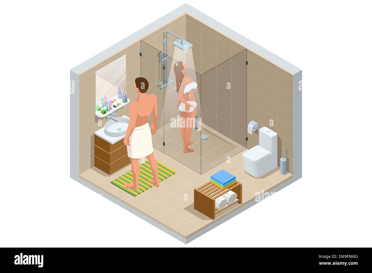 Salle de bains moderne et isométrique avec toilettes blanches, miroir, lavabo et cabine de douche. Femme baignée dans la douche, homme dans la salle de bains Illustration de Vecteur