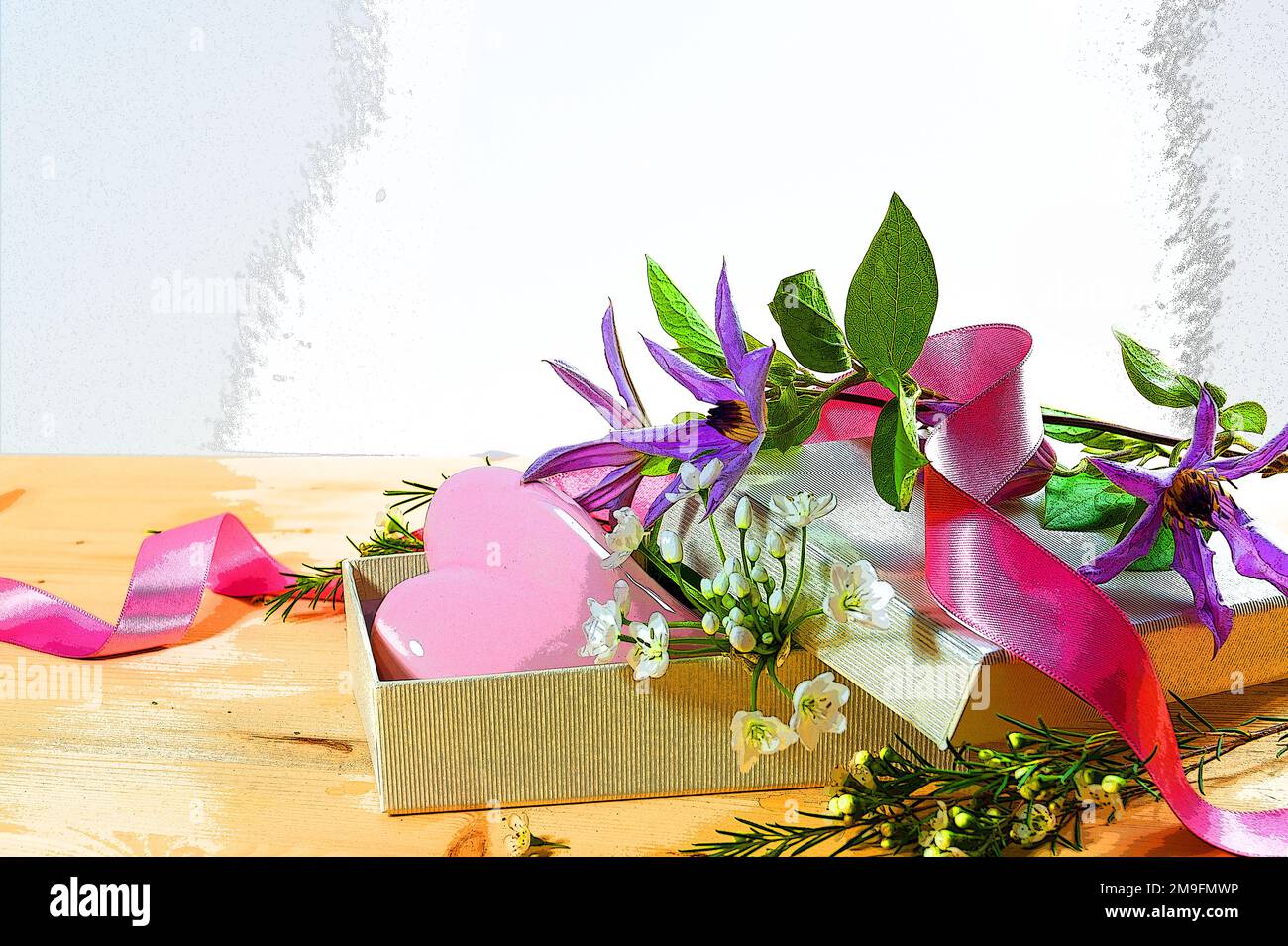Boîte cadeau avec coeur rose, différentes fleurs et un ruban, couleurs extrêmes dans un style rétro abstrait avec filtre pop art illustratif, lo créatif Banque D'Images