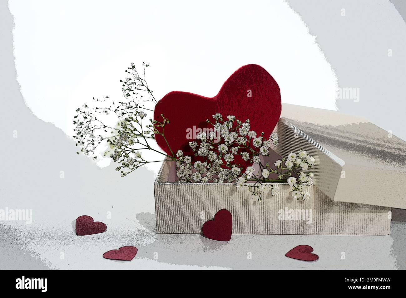 Forme coeur rouge dans une boîte cadeau avec quelques petites fleurs, symbole d'amour pour le jour de la Saint Valentin ou le jour de la mère, style rétro avec filtre pop art illustratif, co Banque D'Images