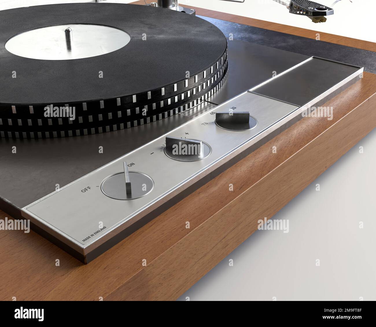 Un rendu 3D d'un lecteur de disques tournant avec un bras de ton sur un arrière-plan studio blanc - rendu 3D Banque D'Images