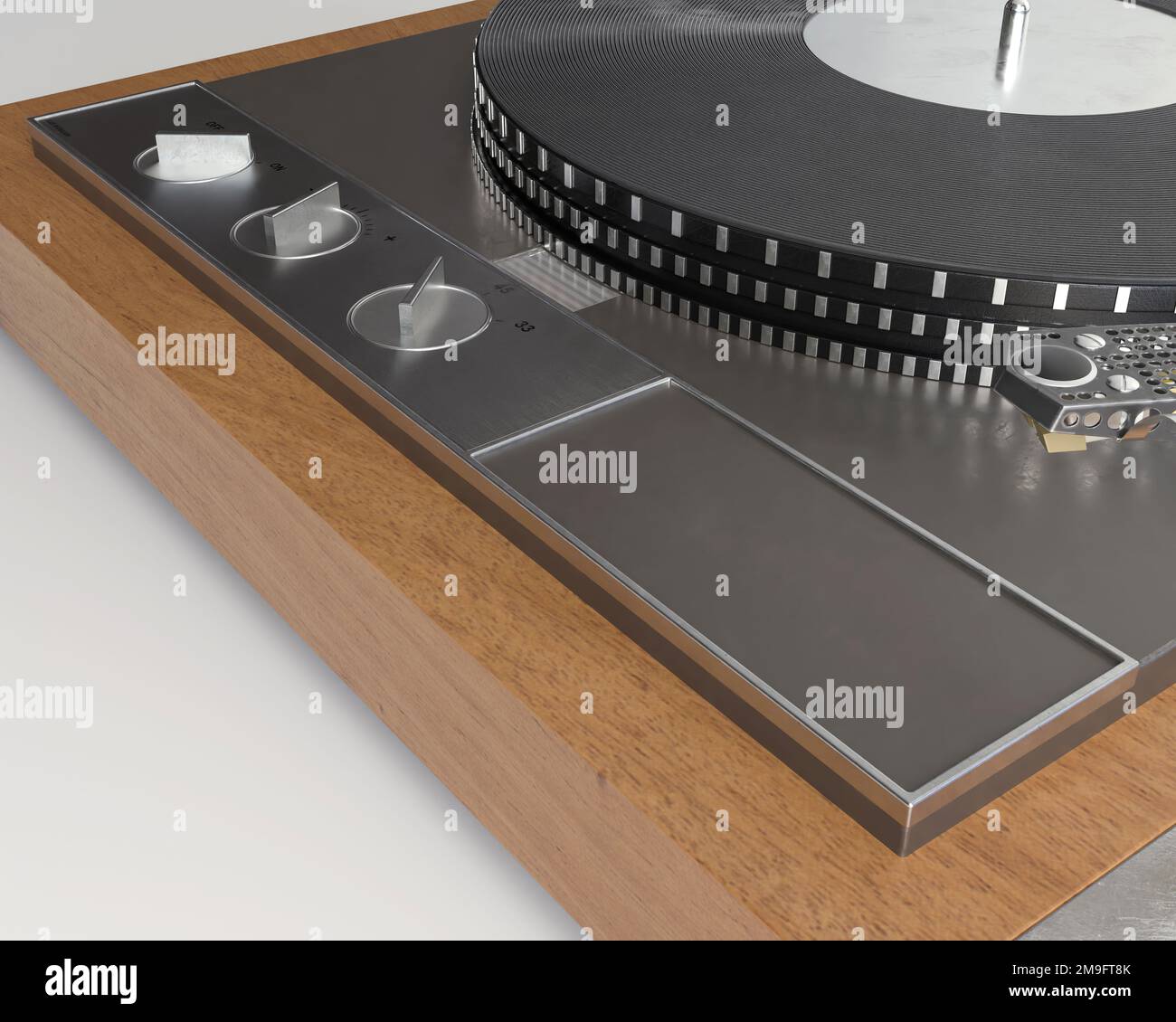 Un rendu 3D d'un lecteur de disques tournant avec un bras de ton sur un arrière-plan studio blanc - rendu 3D Banque D'Images