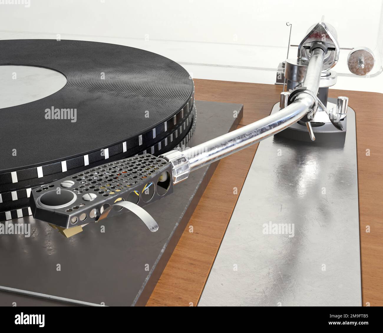 Un rendu 3D d'un lecteur de disques tournant avec un bras de ton sur un arrière-plan studio blanc - rendu 3D Banque D'Images