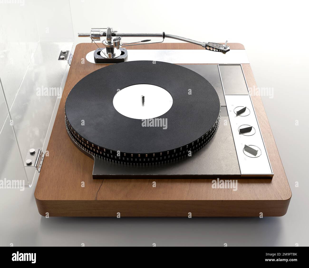 Un rendu 3D d'un lecteur de disques tournant avec un bras de ton sur un arrière-plan studio blanc - rendu 3D Banque D'Images