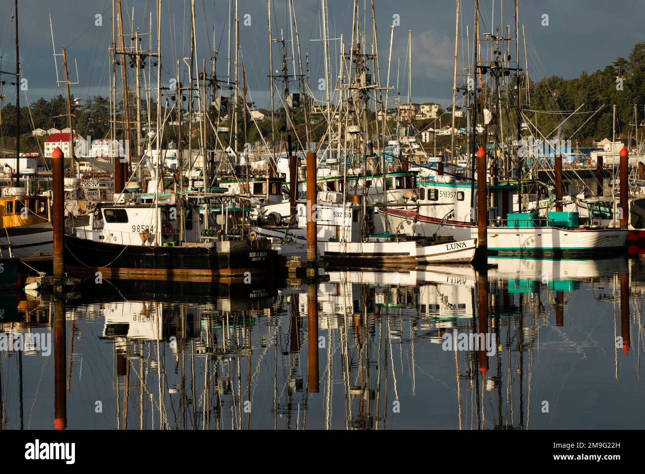 Vue sur les bateaux de la marina reflétée dans l'eau, Astoria Harbour, Oregon, États-Unis Banque D'Images