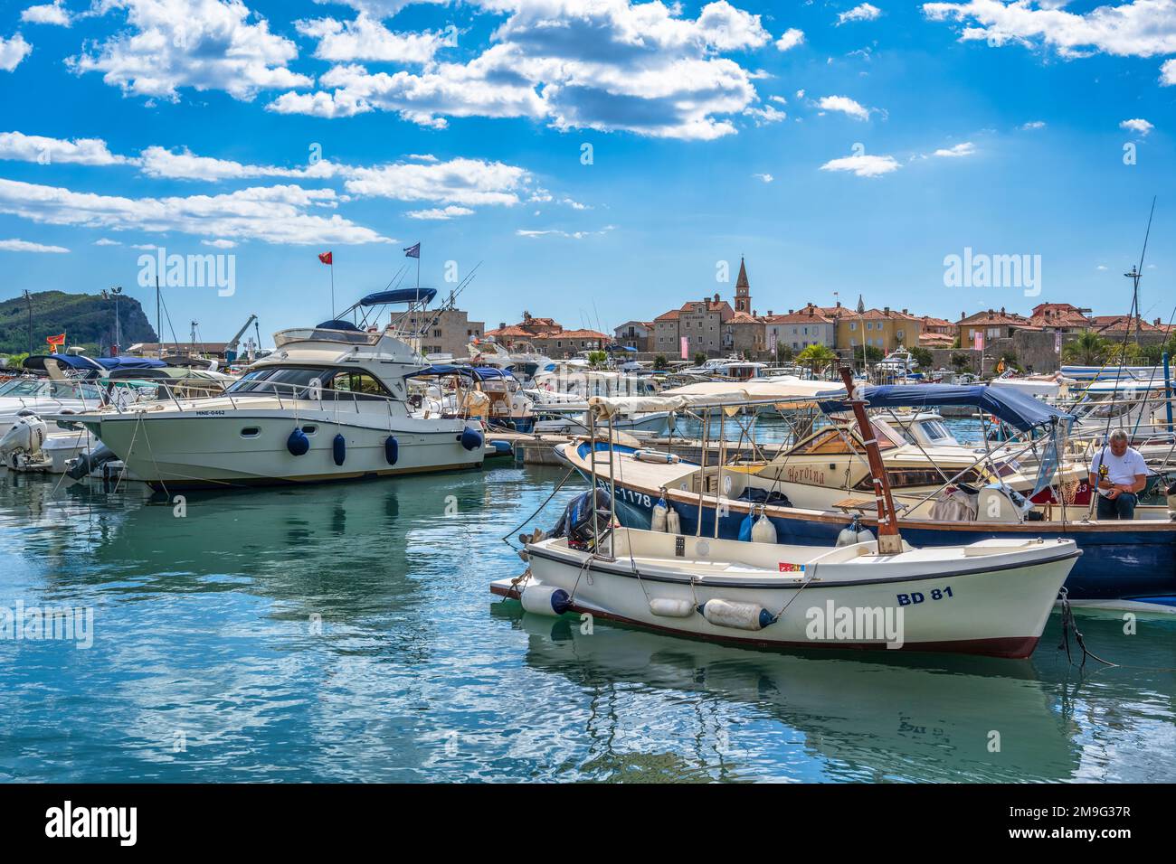 Bateaux à Dukley Marina, avec la vieille ville (Stari Grad) en arrière-plan, à Budva sur la côte Adriatique du Monténégro Banque D'Images