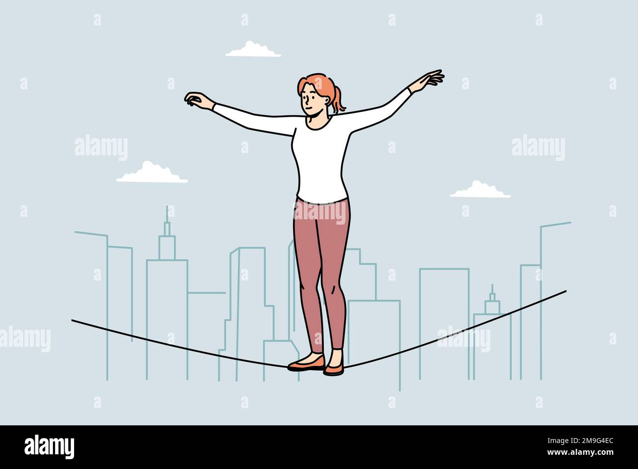 Jeune femme équilibriste marchant sur corde dans l'air. Marcheur femelle engagé dans une activité physique extrêmement sportive. Concept de passe-temps. Illustration vectorielle. Illustration de Vecteur