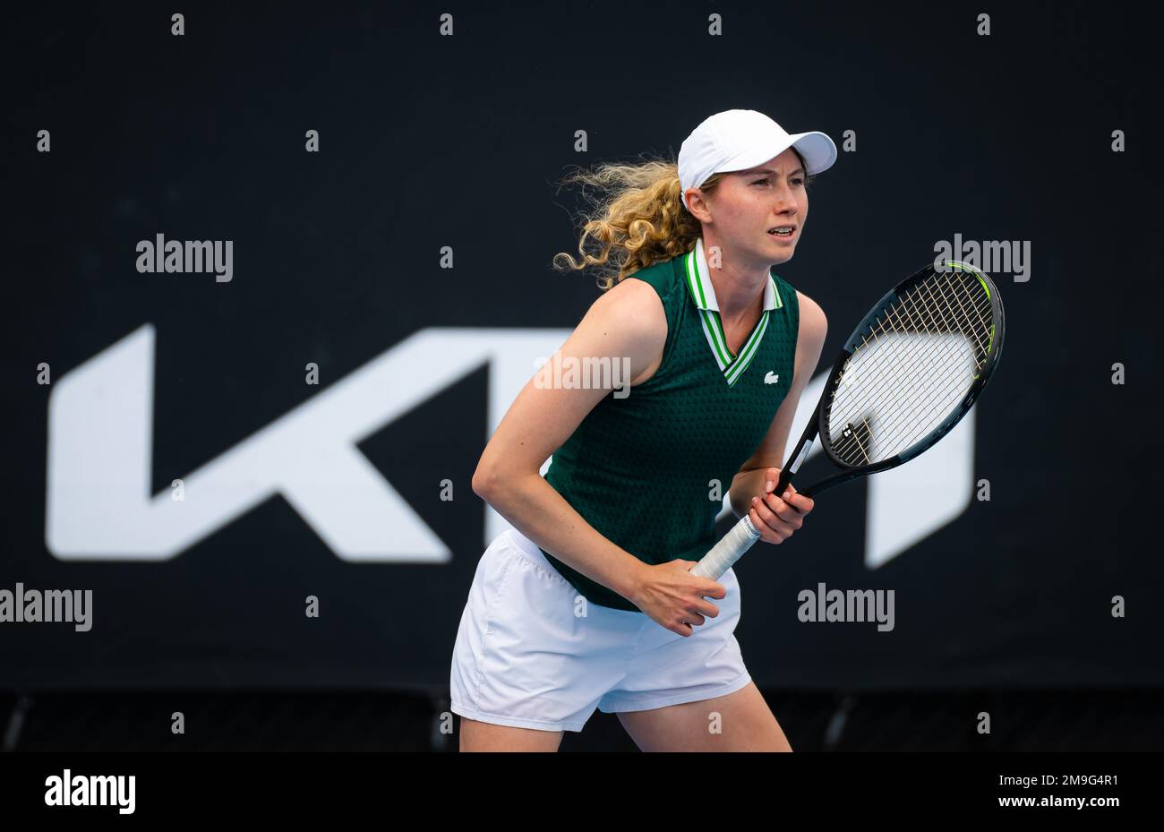 Cristina Bucsa, d'Espagne, en action contre Eva Lys, d'Allemagne, lors du  premier tour de l'2023 Open d'Australie, tournoi de tennis du Grand Chelem  sur 16 janvier 2023 à Melbourne, en Australie -