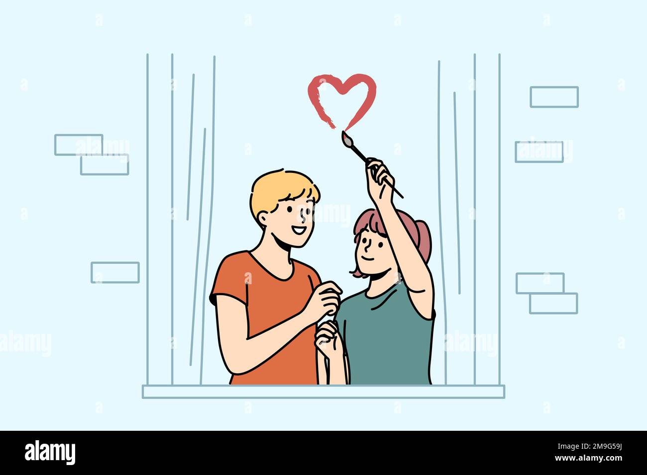 Un couple heureux qui dessine un symbole de coeur sur une fenêtre excitée de vivre ensemble. Un homme et une femme souriants montrent un symbole d'amour débordé de joie de se déplacer ou de se déplacer. Illustration vectorielle. Illustration de Vecteur