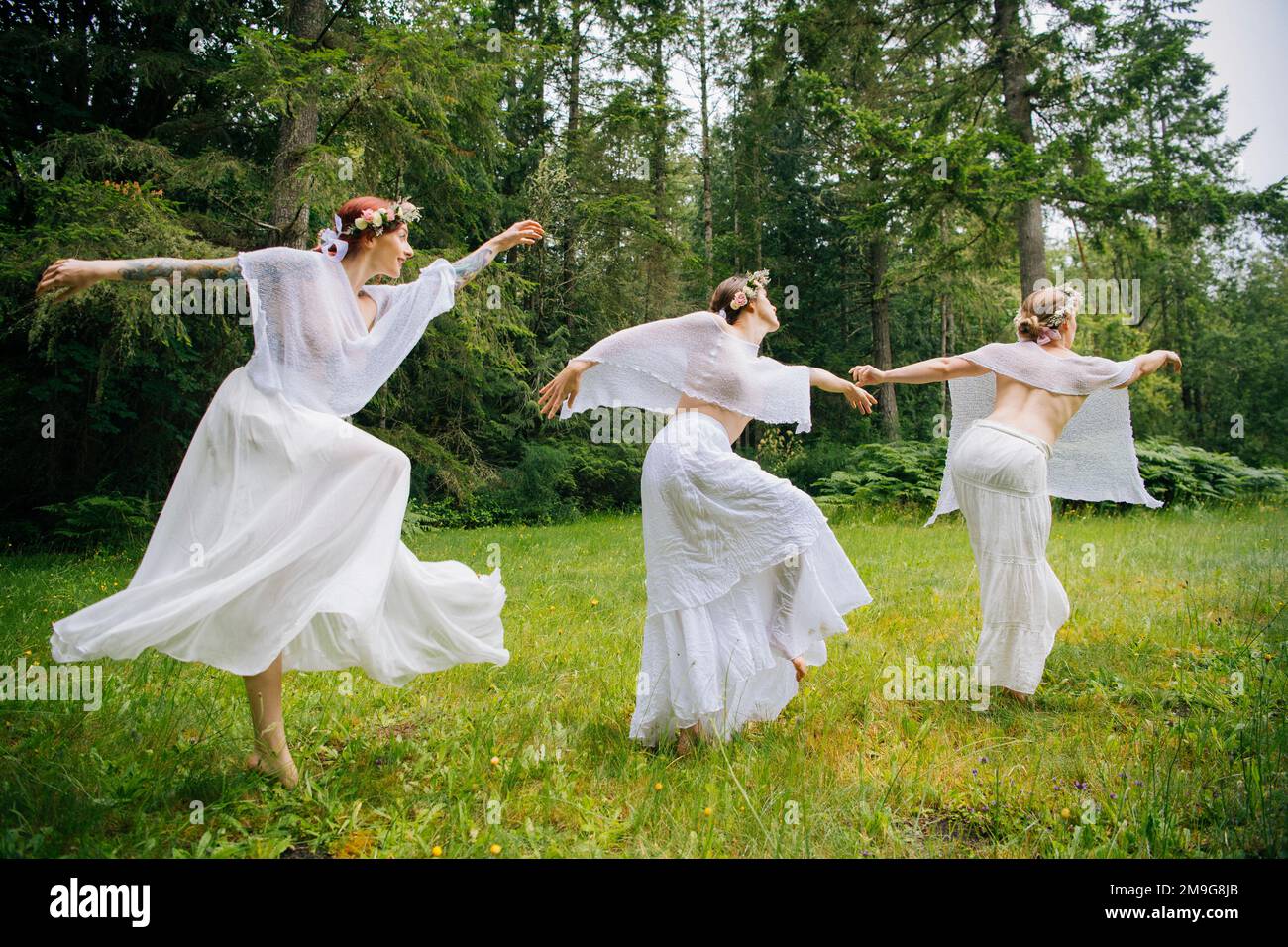 Femme trois nymphes en forêt, Bainbridge Island, Washington, USA Banque D'Images