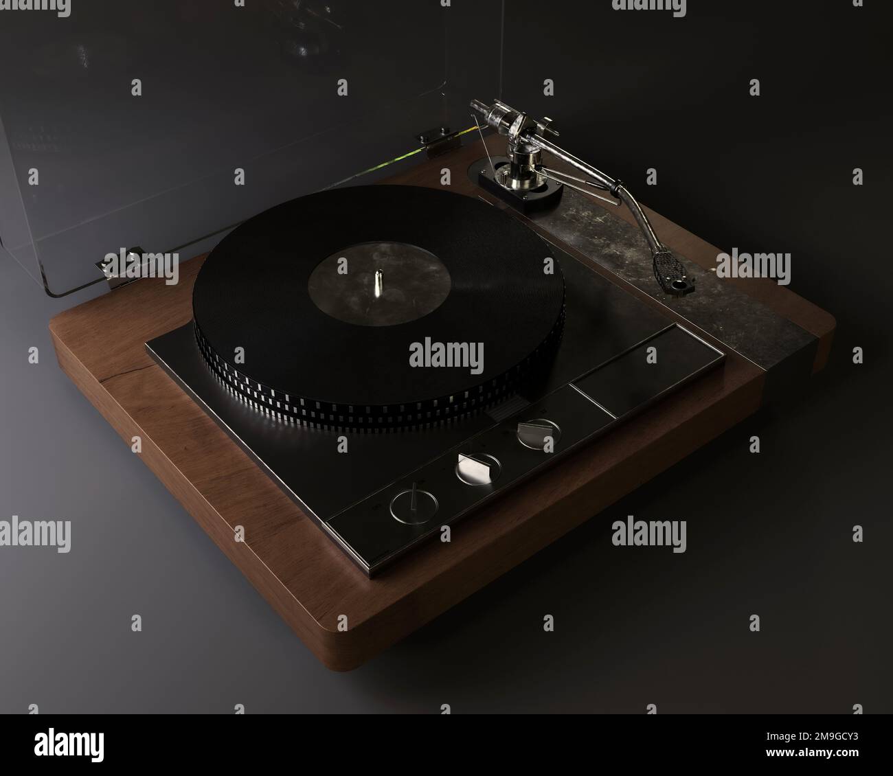 Un rendu 3D d'un joueur de disque de platine avec un bras de ton dans un cadre moody -3D rendu Banque D'Images