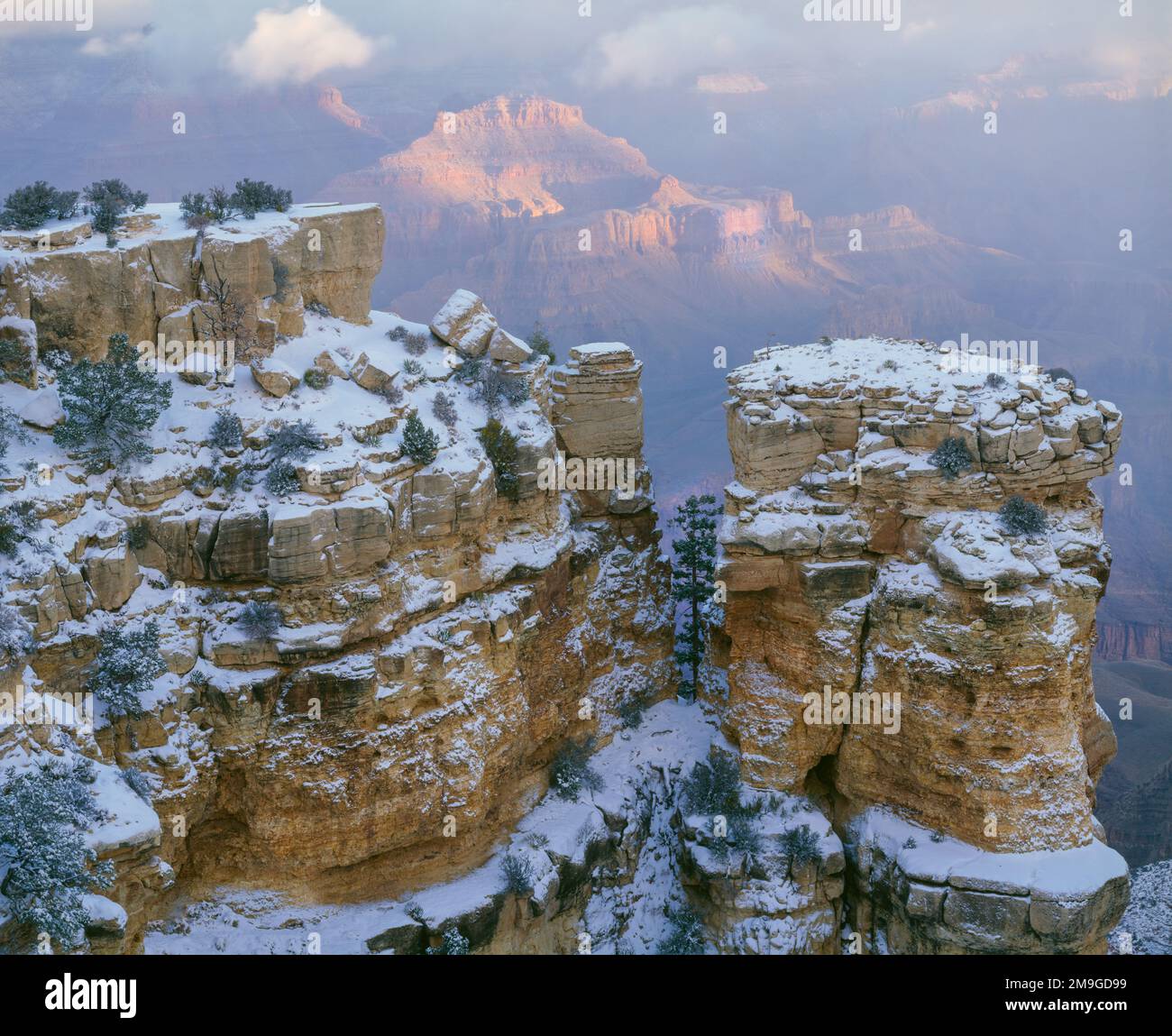 Paysage avec des formations rocheuses couvertes de neige en hiver, Moran point, South Rim, parc national du Grand Canyon, Arizona, États-Unis Banque D'Images