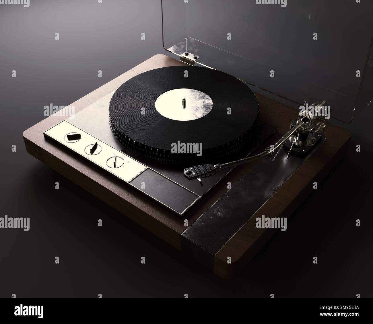 Un rendu 3D d'un joueur de disque de platine avec un bras de ton dans un cadre moody -3D rendu Banque D'Images