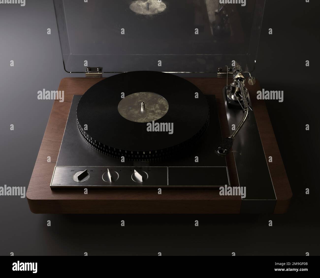 Un rendu 3D d'un joueur de disque de platine avec un bras de ton dans un cadre moody -3D rendu Banque D'Images