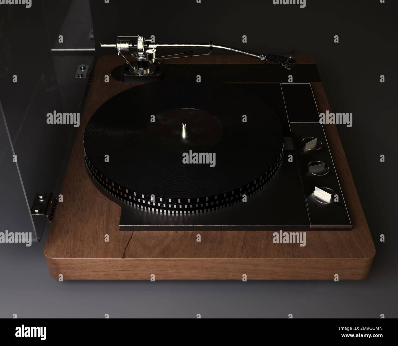 Un rendu 3D d'un joueur de disque de platine avec un bras de ton dans un cadre moody -3D rendu Banque D'Images