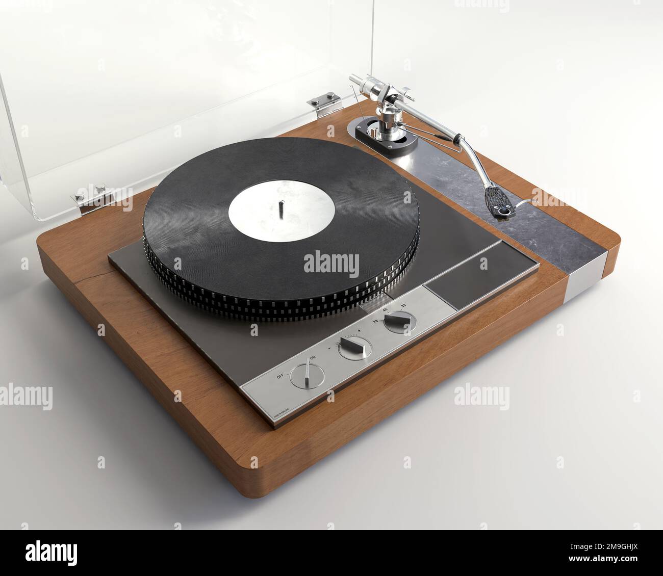 Un rendu 3D d'un lecteur de disques tournant avec un bras de ton sur un arrière-plan studio blanc - rendu 3D Banque D'Images