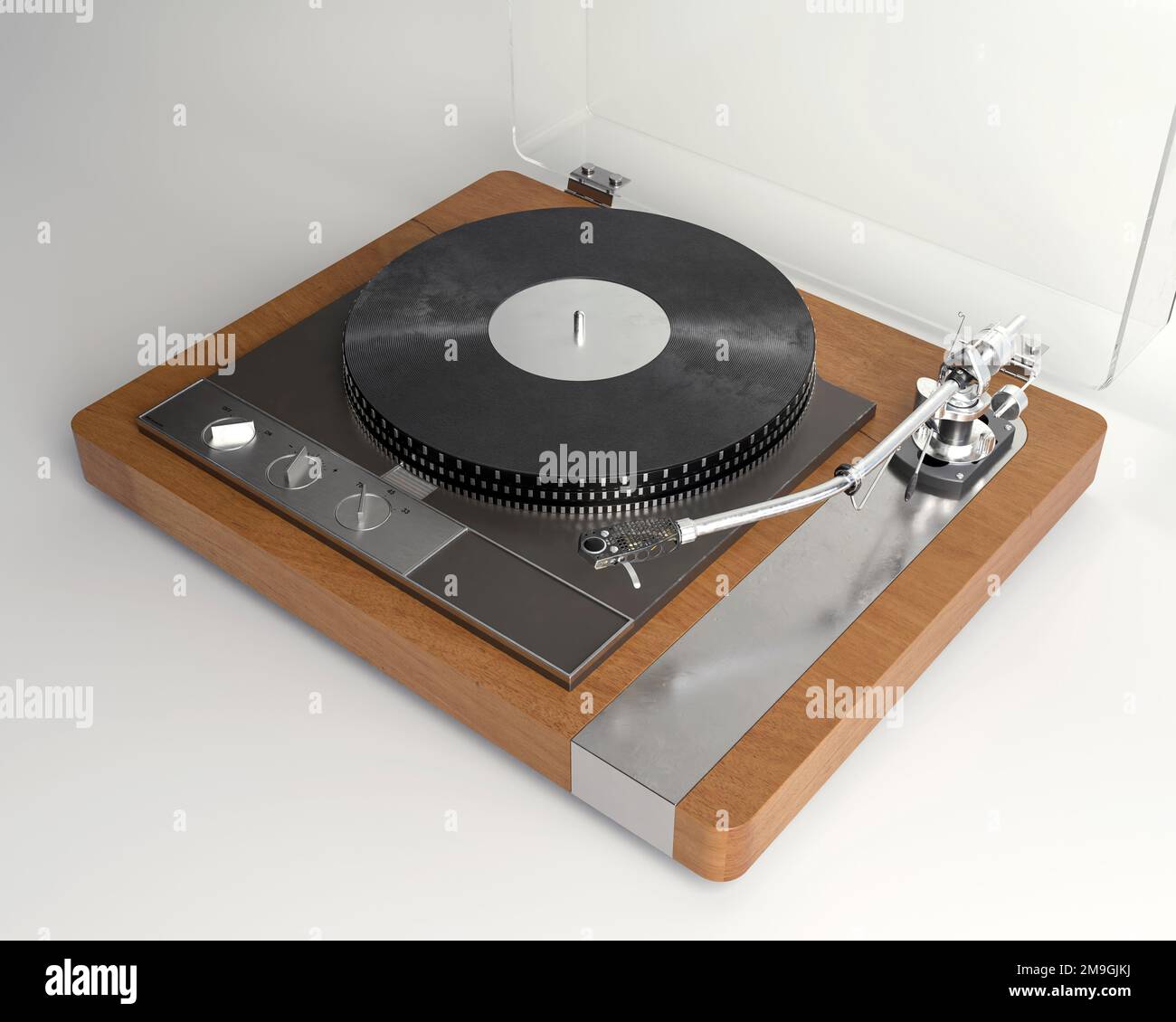 Un rendu 3D d'un lecteur de disques tournant avec un bras de ton sur un arrière-plan studio blanc - rendu 3D Banque D'Images