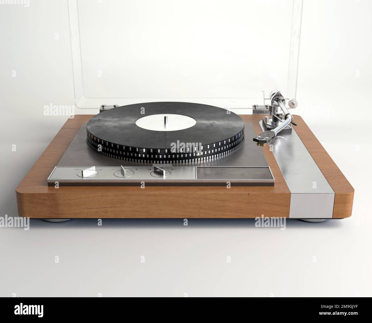 Un rendu 3D d'un lecteur de disques tournant avec un bras de ton sur un arrière-plan studio blanc - rendu 3D Banque D'Images