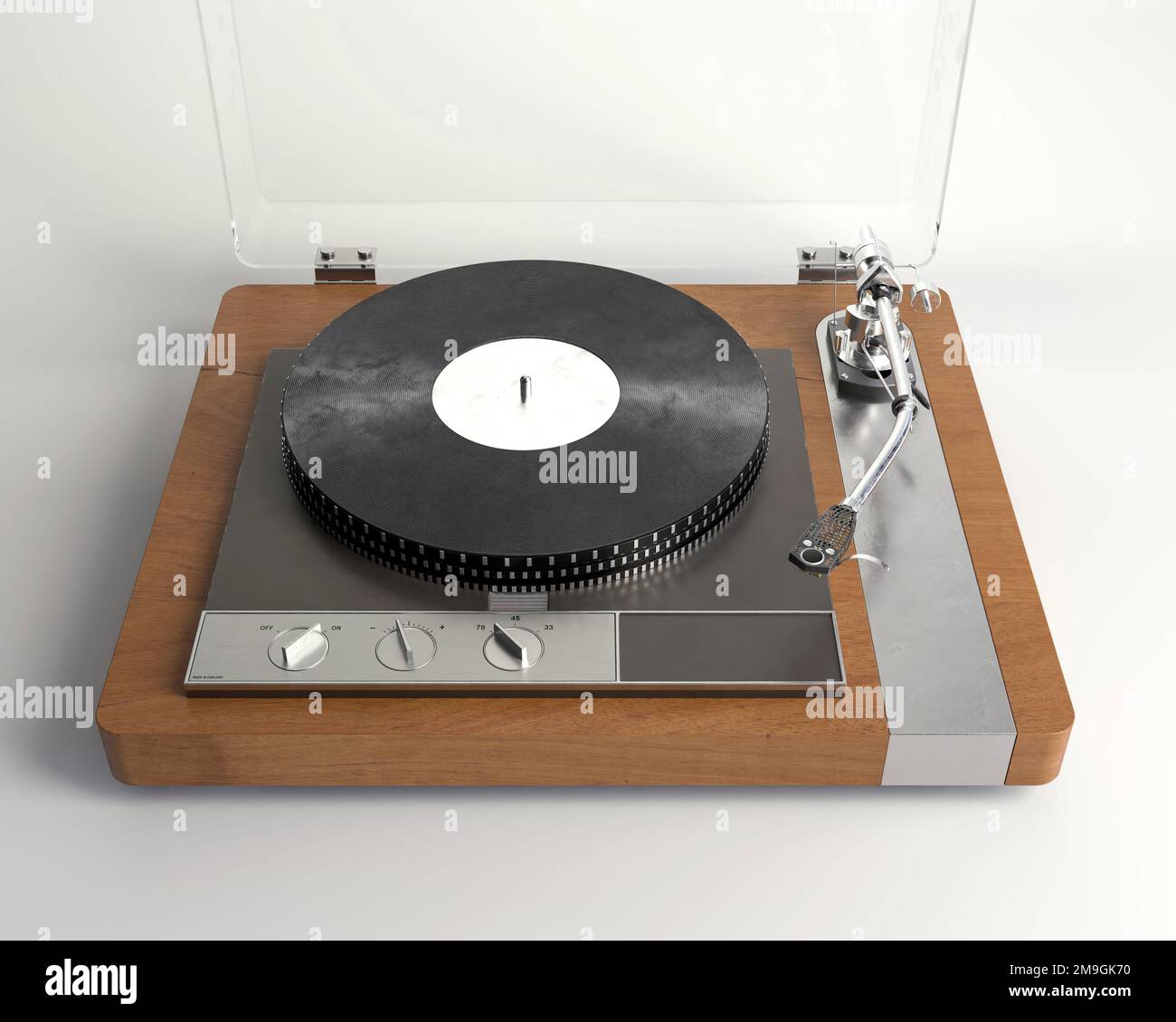 Un rendu 3D d'un lecteur de disques tournant avec un bras de ton sur un arrière-plan studio blanc - rendu 3D Banque D'Images