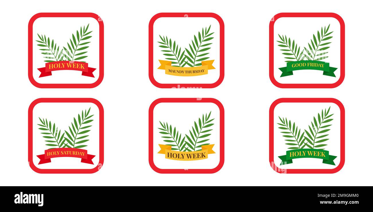 Bannière chrétienne semaine Sainte avec une collection d'icônes sur les branches et les rubans de palmier. Le concept du dimanche de Pâques et de Palm. illustration vectorielle plate. Illustration vectorielle Illustration de Vecteur