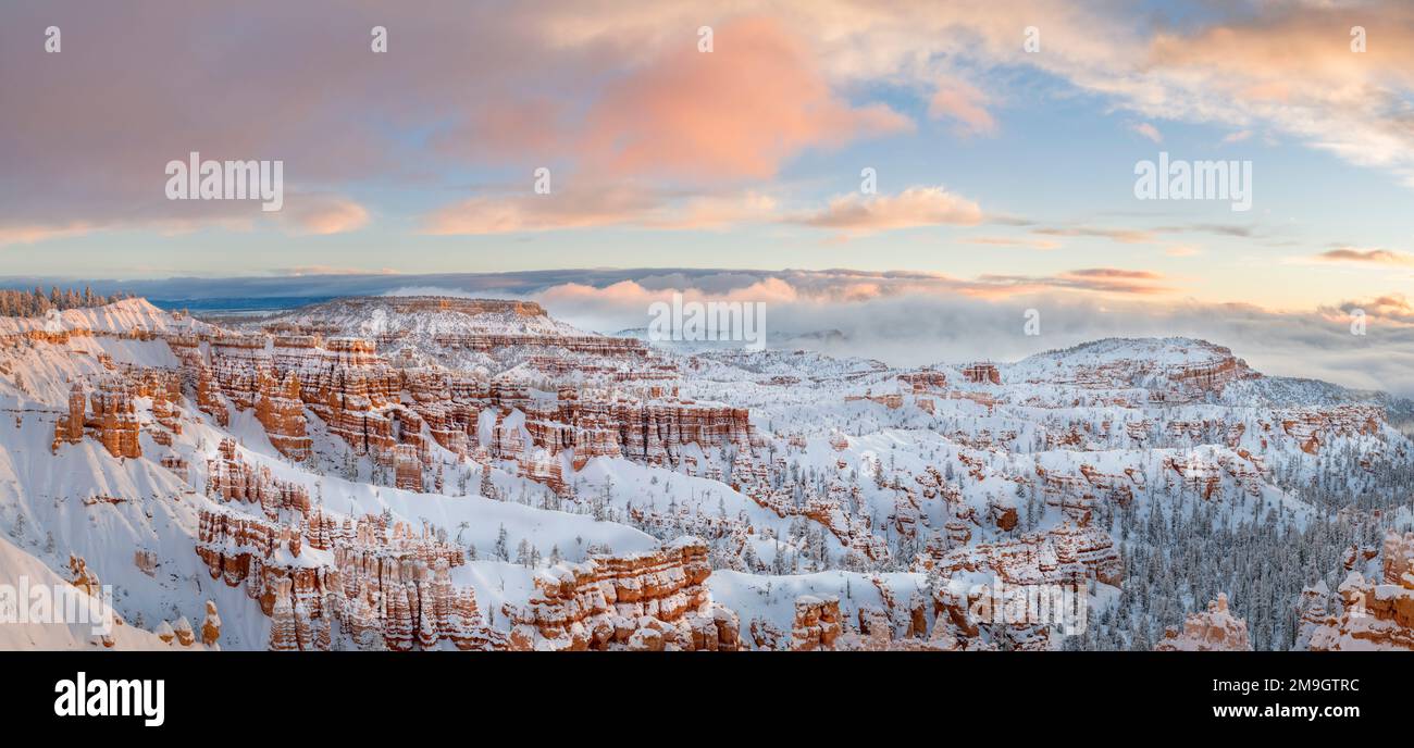 Parc national de Bryce Canyon avec formations rocheuses couvertes de neige en hiver, Utah, États-Unis Banque D'Images