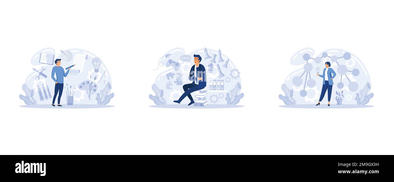La pensée créative. Les personnes avec différents types d'état d'esprit mental ou modèle créatif. Pensée logique et structurelle imaginative. Métaphore de la personne MBTI. Mi Illustration de Vecteur