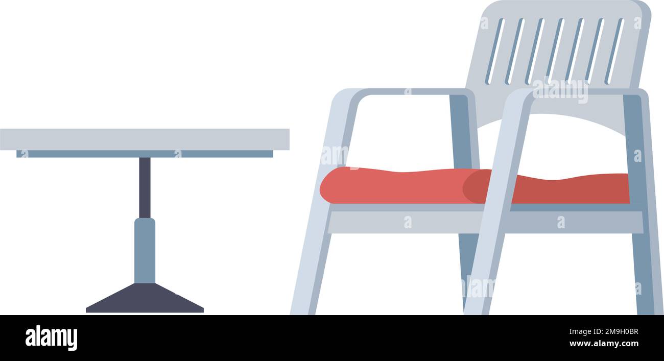 Petite table basse et chaise en plastique ou en bois avec poignées et dossier, coussin sur le siège. Balcon ou véranda, mobilier de jardin ou de salon pour la maison. Outodo Illustration de Vecteur