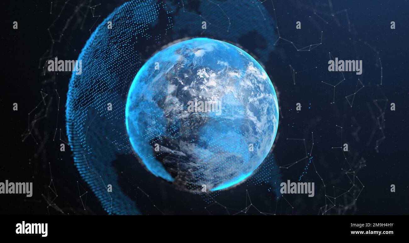 Composition du globe sur réseau de connexions sur fond noir Banque D'Images