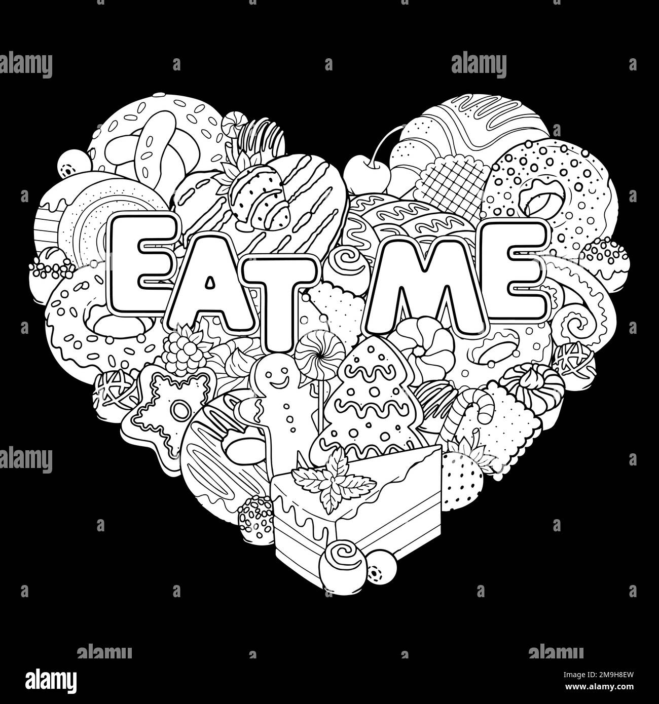 Page de livre de coloriage vectoriel pour adultes de sucreries, bonbons, pâtisseries, desserts, produits cuits au four. Illustration de contour noir et blanc en forme de coeur o Illustration de Vecteur