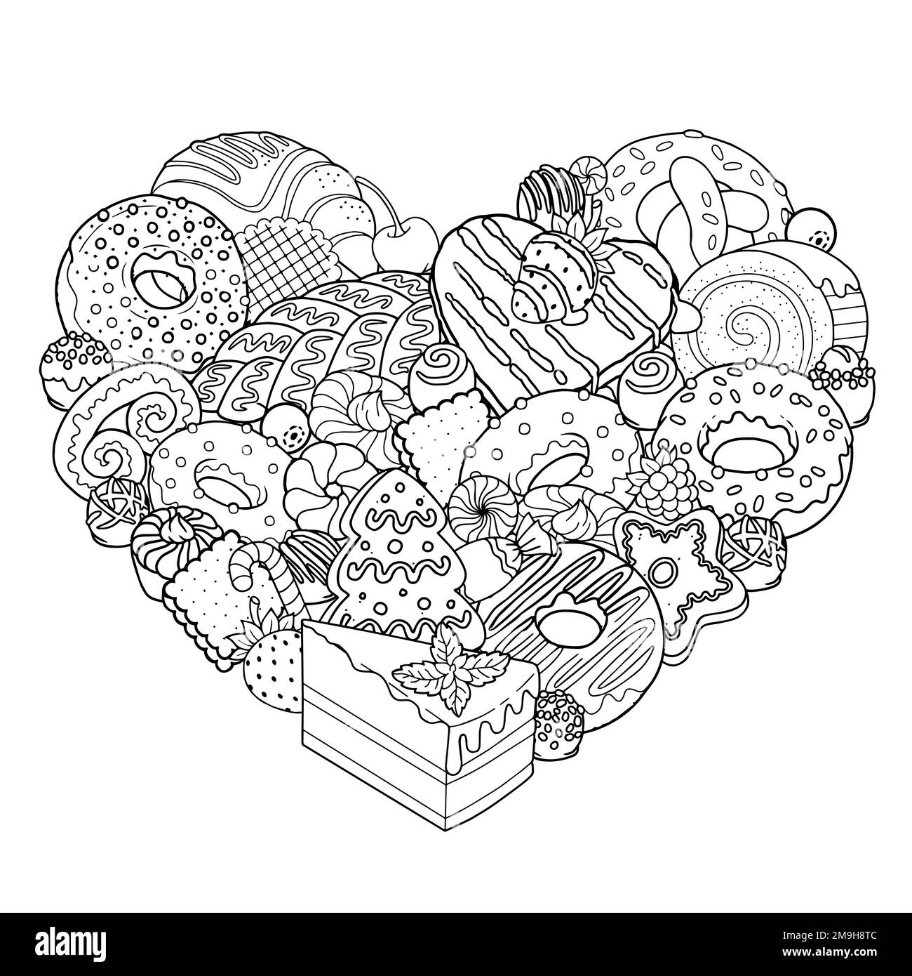 Page de livre de coloriage vectoriel pour adultes. Illustration en noir et blanc des aliments sucrés, des bonbons, des pâtisseries, des desserts et des produits cuits au four Illustration de Vecteur
